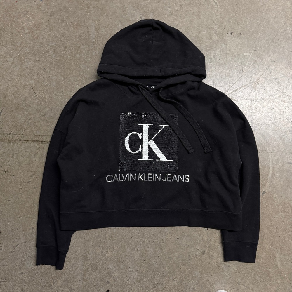 Calvin Klein Jeans Womens Black Sequin CK Logo Cropped Hoodie Sweatshirt Large